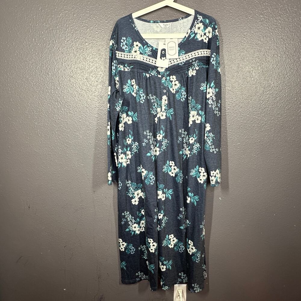 Yozly Maxi House Dress Womens XXL Nightgown Blue Floral  Lounge NEW